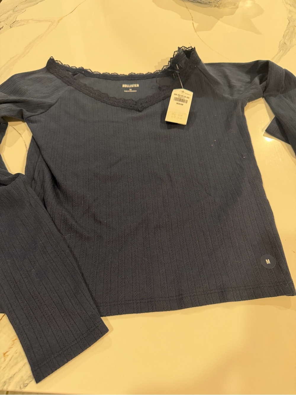 Hollister Navy Long Sleeve Ribbed Tee with Lace Trim